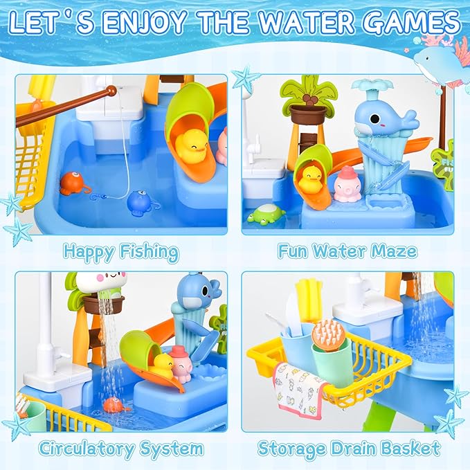 2026 Upgraded Water Table for Toddlers 1-3, Water Table with Pump,Toy Kitchen Sets for Kids Ages 4-8, with Detachable Legs, Play Sink with Electric Faucet, Includes Play Vegetables and Fishing Game