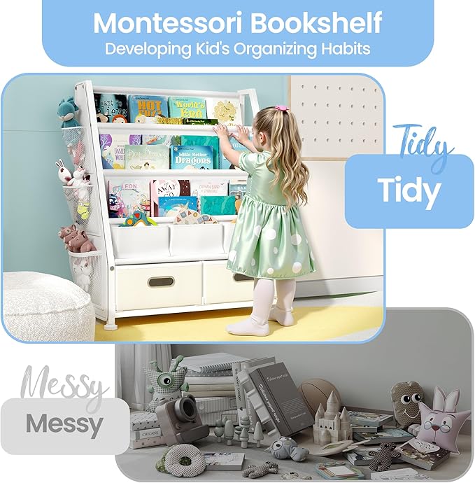 Kids Bookshelf and Toy Storage: Sling Book Shelf for Kids Room with 2 Storage Bins to Books and Toys Organizer, 3-Tier Toddler Bookshelf with 3 Side Pockets for Nursery, Bedroom, Playroom