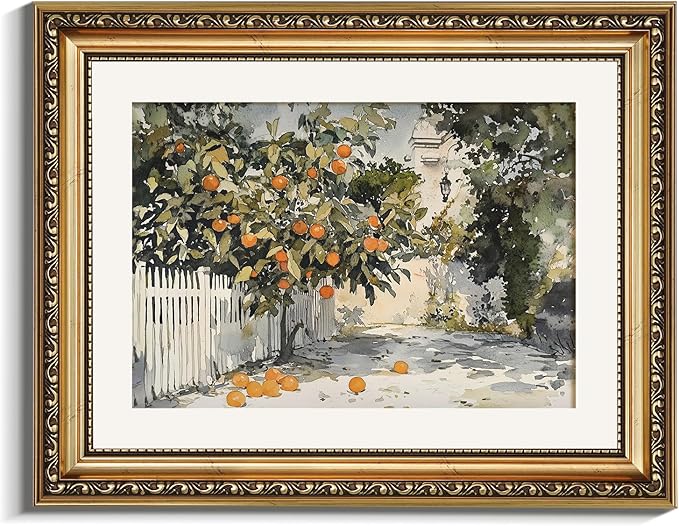 VIYYIEA Gold Framed Wall Art Canvas Print for Living Room Country Orange Trees Earthy Room Decor Aesthetic Oil Painting Wall Picture Farmhouse Artwork for Kitchen Bedroom Bathroom Decor 11x14in