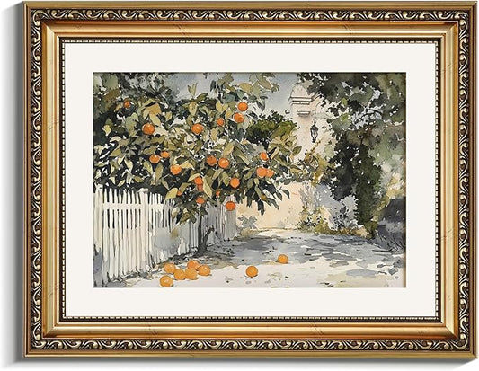 VIYYIEA Gold Framed Wall Art Canvas Print for Living Room Country Orange Trees Earthy Room Decor Aesthetic Oil Painting Wall Picture Farmhouse Artwork for Kitchen Bedroom Bathroom Decor 11x14in