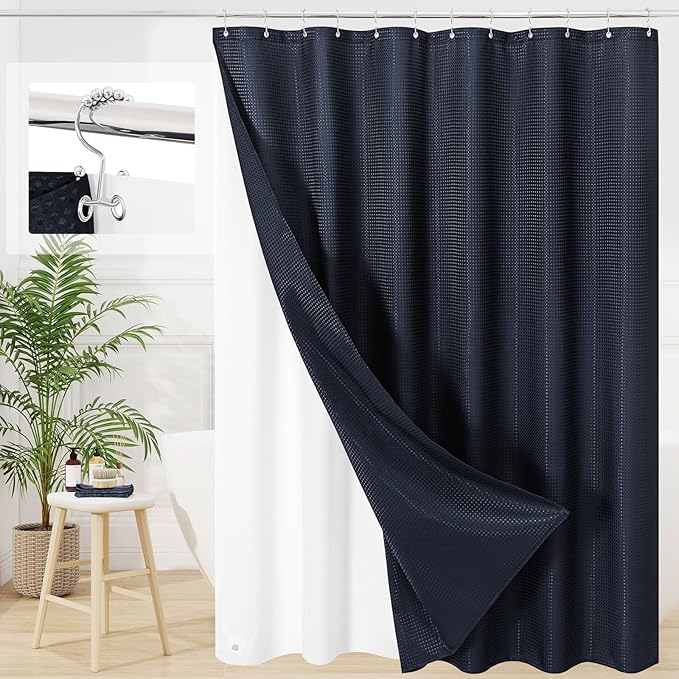 3 in 1 Extra Long Navy Blue Shower Curtain Set-72 W x 84 H, Modern Waffle and PEVA Liner Set with 12 Stainless Steel Hooks, Waterproof Fabric for Bathroom