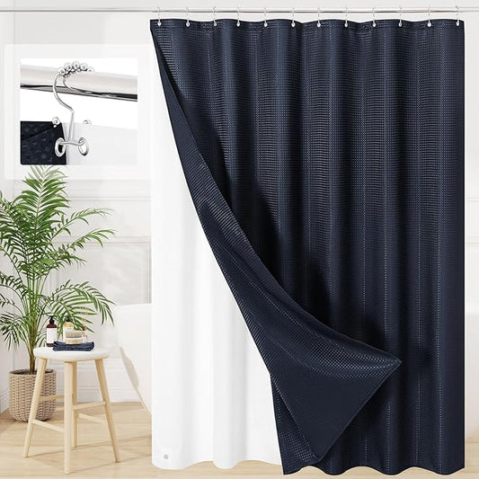 3 in 1 Long Navy Blue Shower Curtain Set-72 W x 78 H, Modern Waffle and PEVA Liner Set with 12 Stainless Steel Hooks, Waterproof Fabric for Bathroom