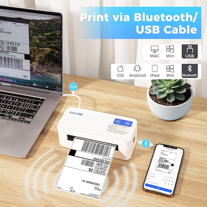 Bluetooth Thermal Shipping Label Printer, Wireless 4x6 Label Printer for Small Business, Compatible with Android, Windows, iPhone, Mac, Widely Used for Amazon, Shopify, Ebay, USPS, Etsy,FedEx (White)