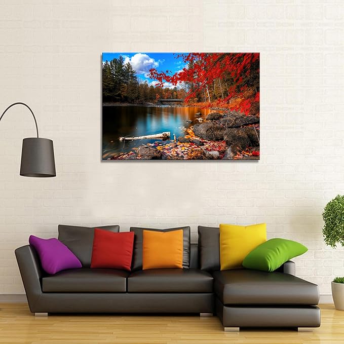 DZL Art S72681 Canvas Wall Art Canvas Artwork Lake Mountain Red Maple Leaf National Park Nature Pictures for Living Room Bedroom Office Wall Decor Home Decoration