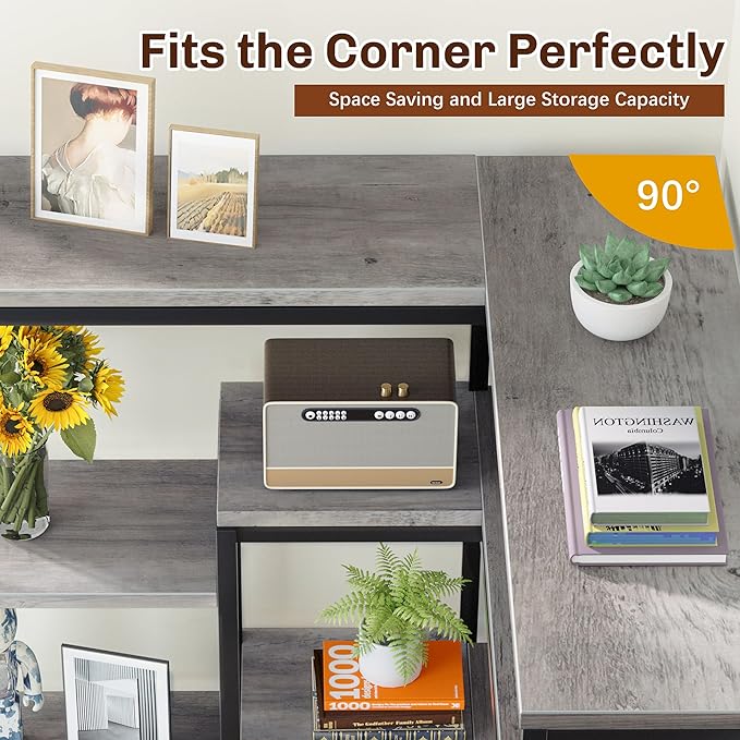 JAMFLY 5-Tier Corner Bookshelf, Industrial Corner Bookcase, Book Shelves with Metal Frame, Large Open Display Bookshelves, L-Shaped Shelf for Living Room, Bedroom, Home Office, Grey