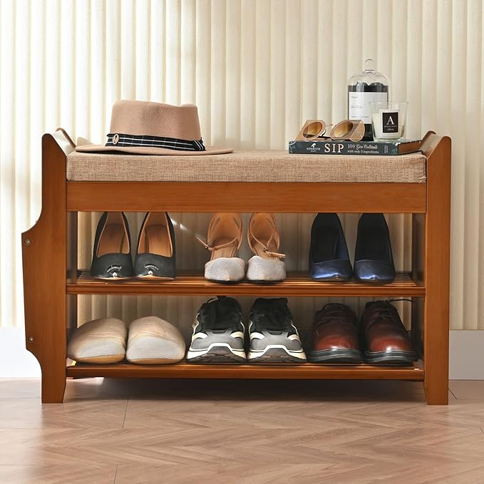 2 Tier Shoe Bench, Bamboo Shoe Rack Bench, Shoe Storage Bench Organizer for Entryway Hallway Living Room