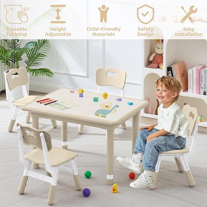 Kids Table and 4 Chairs Set, Height Adjustable (17.7"-26.1") Toddler Table and Chair Set, Multi-Activity Table with Graffiti Desktop, Children’s Table and Chairs for Classroom, Home & Daycare