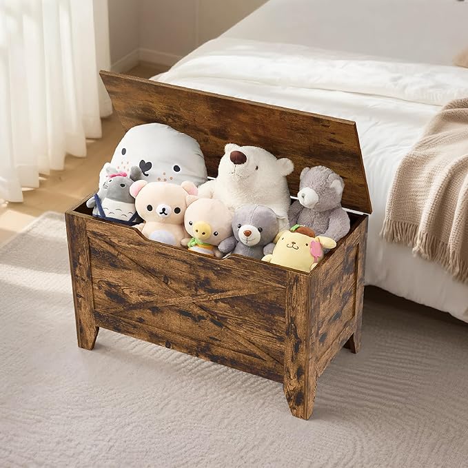 VECELO 30" Farmhouse Style Storage Bench, Entryway Shoe Ottoman, with Handwoven Cushion, with Metal Safety Hinges, for Bedroom, Living Room, Entryway, Brown