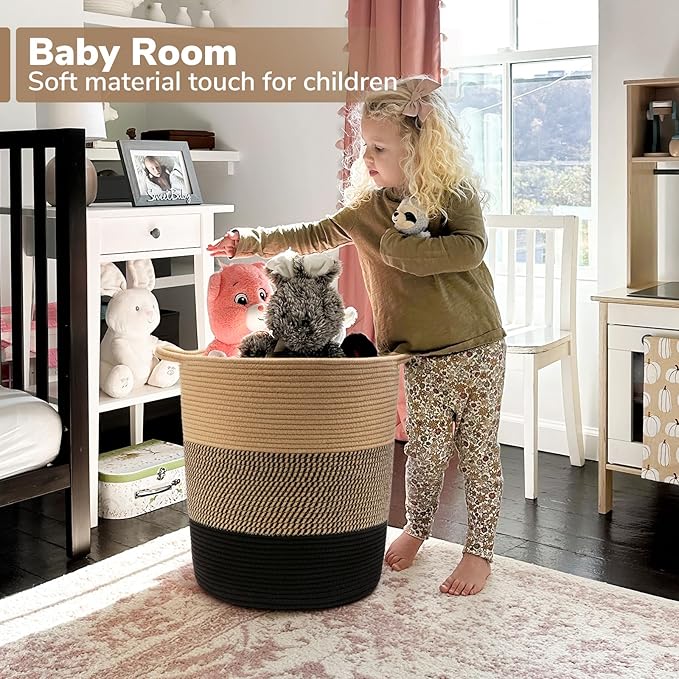 INDRESSME Laundry Basket Large Laundry Hamper, Woven Baskets for Storage, 17.8" x 15.8" x 13.8", Wicker Laundry Basket for Living Room, Dirty Clothes Basket, Baby Hamper for Nursery, Black & Jute