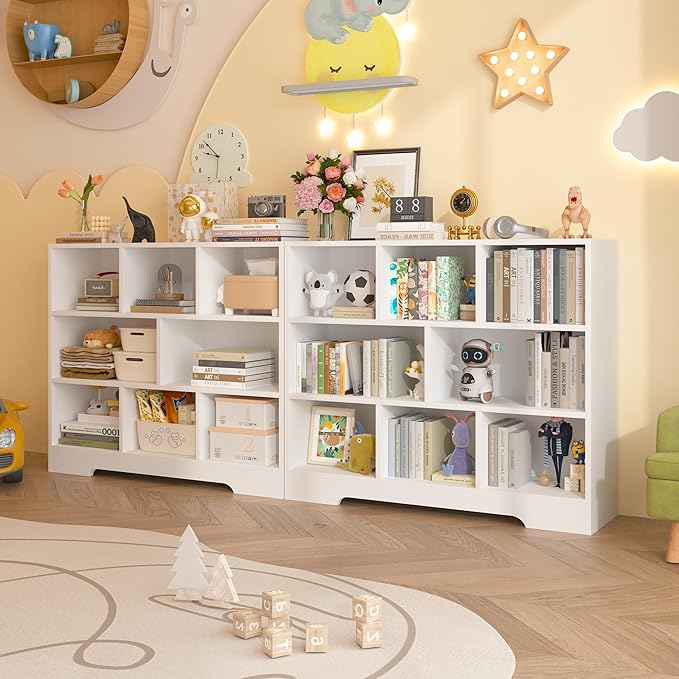 Kids Book Shelf Set of 2, 8 Cubes Storage Organizer Montessori Bookshelf, 3-Tier Wooden Kids Bookcase, Toy Storage Organizer for Children, White Toddler Bookshelf Cube Shelf for Kid’s Room