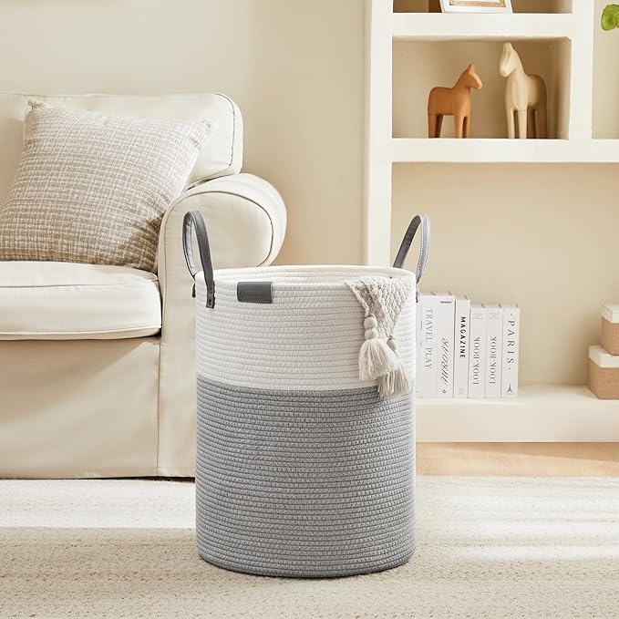 Cotton Rope Laundry Hamper by YOUDENOVA, 58L - Woven Collapsible Laundry Basket - Clothes Storage Basket for Blankets, Laundry Room Organizing, Bedroom Storage, Clothes Hamper – White & Grey