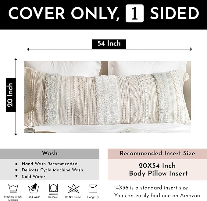 Large Body Pillow Cover for Bed 20x54 Boho Accent Oversized Long Pillowcase for Bedroom Neutral White Decorative Cushion Farmhouse Home Décor (Cover ONLY, Pack of 1)