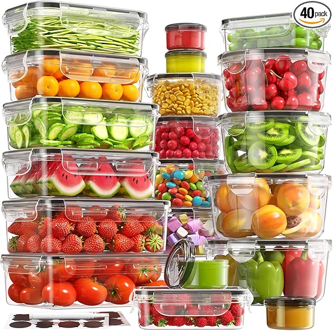 40 PCS Food Storage Containers with Lids Airtight (20 Containers & 20 Lids), 100% Leakproof Meal Prep Container Set for Kitchen Storage, BPA-free, PVC-free Reusable Plastic, Microwave/Dishwasher Safe