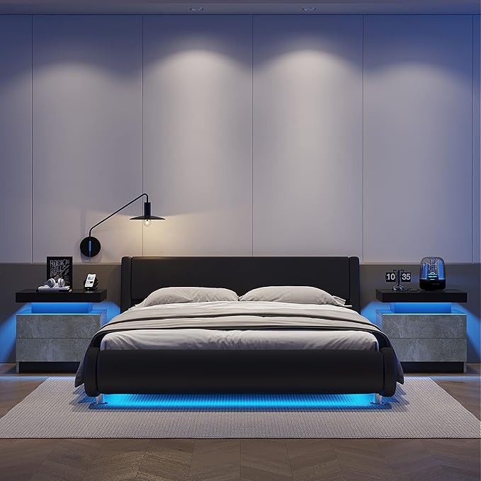 LED Nightstands Set of 2, Modern End Side Table with 2 Drawers, LED Bedroom Furniture for Bedroom and Living Room, Grey