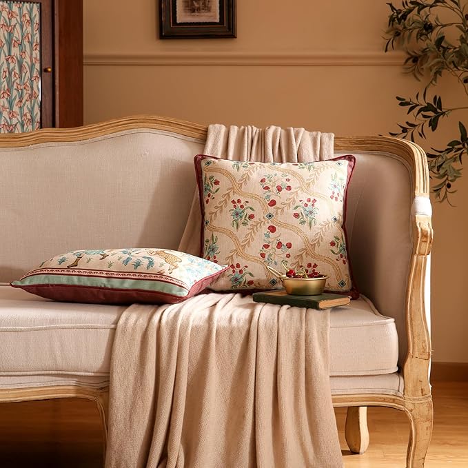 patdrea Designer Pack of 2 Square Throw Pillow Covers,Farmhouse Vintage Linen with Beige Ancient Idyll Pattern Pillows Cover,Decorative Pillowcases Cushion for Bed Living Room Outdoor Car,18"x18"