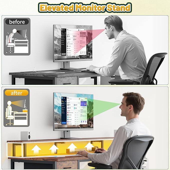 55 Inch Computer Desk with Drawer, Office Desk with Printer Storage Shelves & File Cabinet,Gaming Desk with LED & Power Outlet,Study Table with Monitor Shelf for Home Office Dorm Bedroom Rustic Brown