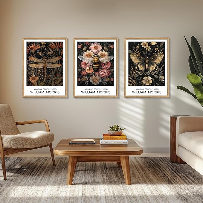 Cyebmo William Morris Wall Art, Vintage Floral Wall Decor, Dark Botanical Art Prints, Butterfly Bee Dragonfly Nature Artwork for Living Room Bedroom Bathroom Wood Framed Ready to Hang 12"x16"x3