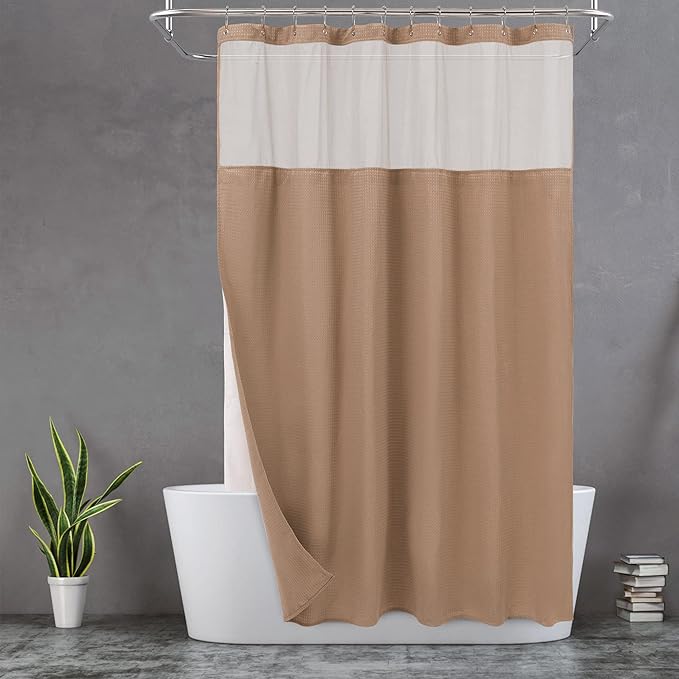 N&Y HOME Waffle Weave Shower Curtain with Snap-in Fabric Liner & 12 Metal Hooks Set - Hotel Style, Waterproof & Washable, Heavyweight Fabric & Mesh Top Window - 71x72, Coffee Brown