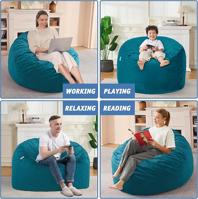3FT Bean Bag Chair with Ultra Soft Velvet Cover Bean Bag Sofa with Memory Foam Bean Bag Chairs with Large Size Lazy Sofa for Dorm Office Living Room Bedroom Sea Blue 3'