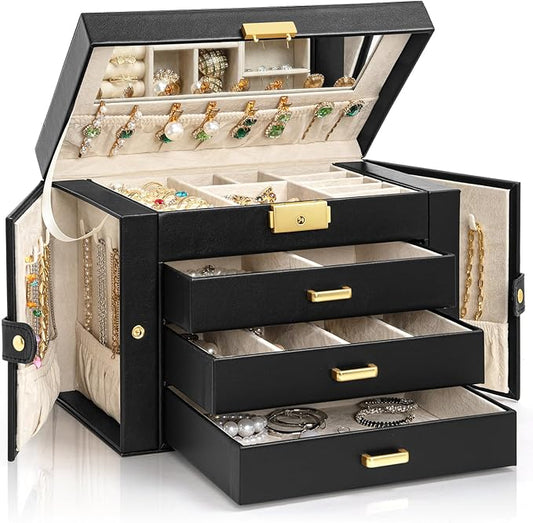 AKOZLIN Large 4-Tier Jewelry Box Leather Jewelry Storage Organizer with 3 Drawers Lockable for Women Girls Ring Necklace Earring Bracelet Watches Holder with Mirror Black