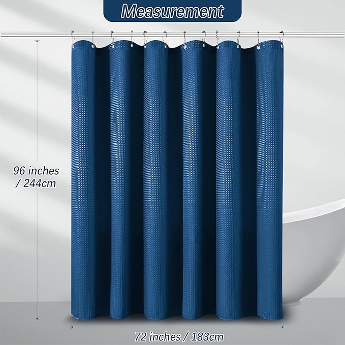 Extra Long Shower Curtains 96 inch Classic Blue Waffle Shower Curtain for Bathroom, Heavy Duty 256GSM Modern Shower Curtain, Machine Washable,Water Resistant with 12 Metal Hooks, 72Wx96H