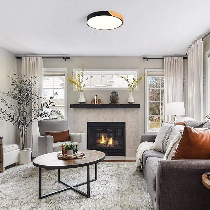 Modern Dimmable Black LED Ceiling Light, 2700 K - 6000 K 5CCT Wood Flush Mount Ceiling Lighting Fixtures, Minimalist Round Ceiling Lamp for Living Room Bedroom Kitchen Hallway（15.8in）