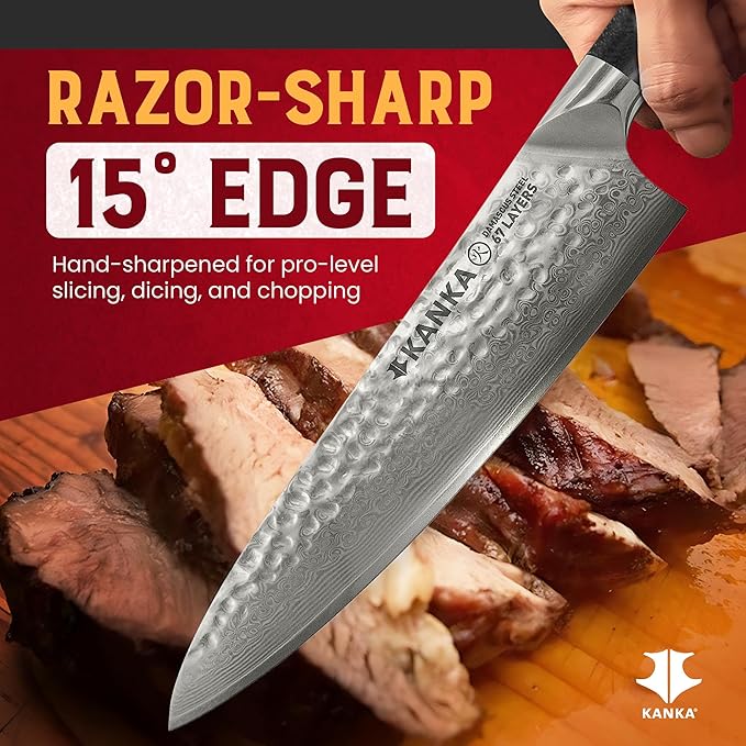 KANKA Chef Knife Damascus Steel 8" - 67 Layer Professional Steel, 10Cr Core, Razor-Sharp 62 HRC Edge, Ergonomic G-10 Fiberglass Handle, Wood Sheath INCLUDED – Chef Kitchen Knife for Precise Cutting