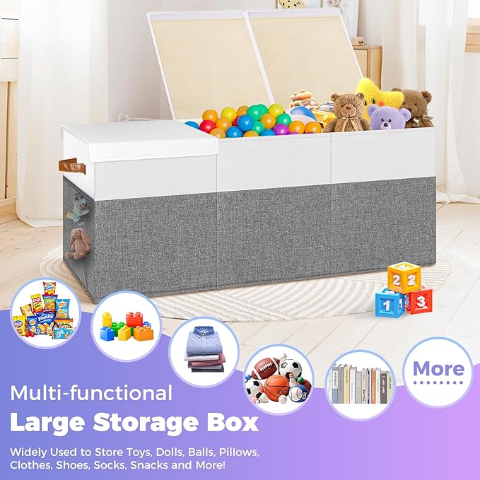 Extra Large Toy Storage Box with Lid, Collapsible Sturdy Toys Chest Storage Organizer Bin Basket with Divider for Kids, Boys, Girls, Closet, Playroom, Bedroom, Nursery, 40"X14"X16", Gray & White