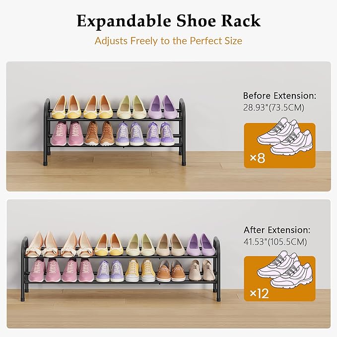 2 Tier Shoe Rack, Shoe Organizer for Closet, 28“ Metal Shelf Can Expandable to 42“, for Bedroom, Entryway, Closet, Garage, Adjustable to 12 Pairs Shoes, Black