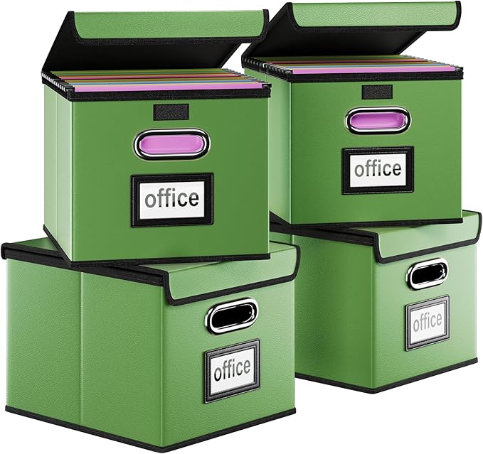 Huolewa Portable Leather File Organizer Boxes with Lids, Office Document Boxes Organizer, Filing Boxes, Decorative Small File Boxes for Hanging Files, File Cabinet for Office/Home - 4 Pack