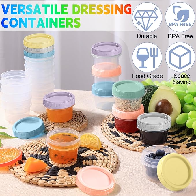 24pcs 2 oz Salad Dressing Container To Go Small Sauce Containers with Lids, Reusable Condiment Cups for Lunch Box, Leakproof, Freezer, Microwave & Dishwasher Safe