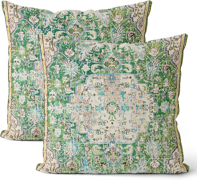 Boho Pillow Covers 18x18 Set of 2, Carpet Pattern Green Decorative Throw Pillows Farmhouse Bohemian Cushion Pillow Covers for Sofa Couch Outdoor Decor