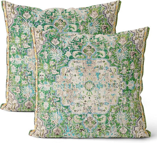 Boho Pillow Covers 18x18 Set of 2, Carpet Pattern Green Decorative Throw Pillows Farmhouse Bohemian Cushion Pillow Covers for Sofa Couch Outdoor Decor