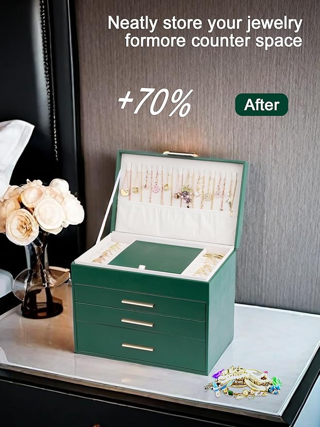 BOOVO Jewelry Boxes for Women, 5 Layer Jewelry Organizer with Necklace Hanger and Drawers, Large Jewelry Box for Earrings, Necklace and Bracelet Storage Gifts for Women and Girls (Green, 5 Layer)