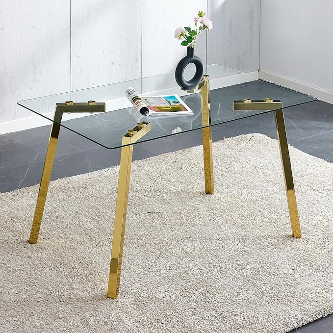 Dining Table Set of 4,51" Rectangle Tempered Glass Top with Golden Chrome Legs,Kitchen Room Table with 4 Grey Faux Leather Chairs,Dinner Table Set for Dining Room Office