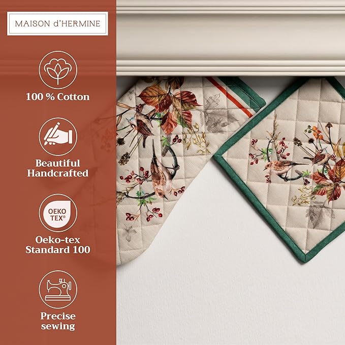 Maison d' Hermine 100% Cotton Oven Mitt & Pot Holder Set (7.5"x13" & 8"x8") Heat Resistant BBQ Cooking Gloves with Loop for Thanksgiving Christmas Decorations Handling Hot Pans (Recolte)