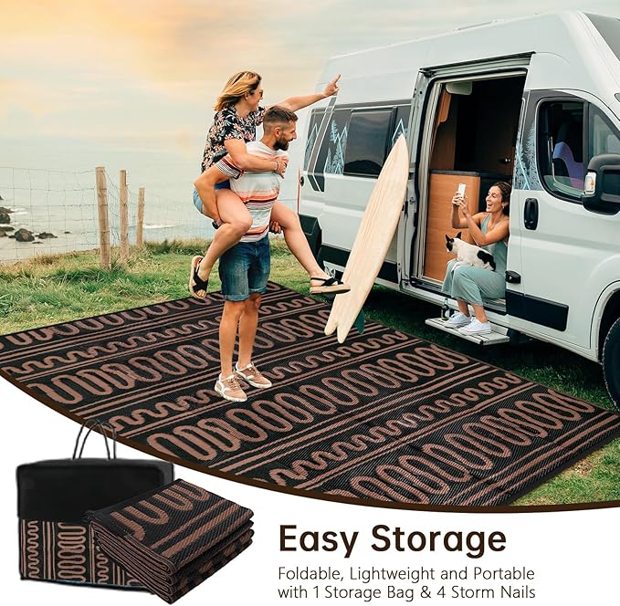 Beeiva Outdoor Rug 8x10 Patio Waterproof, Reversible 8x10 Outdoor Rug for Patio, Washable Outdoor Plastic Straw Rug for Deck, Balcony, Backyard, Porch, Camping, Picnic - Black/Brown