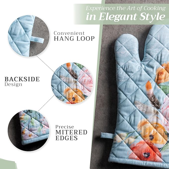 Maison d' Hermine Oven Gloves 100% Cotton Oven Mitt 7" x 13" with Loop Heat Resistant, BBQ, Cooking Gloves, Baking, Grilling, Kitchen, Handling Hot Pans Spring/Summer (Pack of 1, Ibiza)