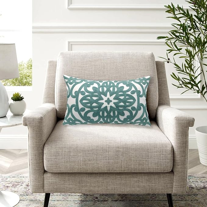 Alysheer Embroidered Lumbar Decorative Throw Pillow Cover 12"x 20", Classic Boho Mandala Embroidery Pattern Cotton Farmhouse Rectangular Cushion Case for Sofa Couch Living Room Bedroom(Dusty Blue)