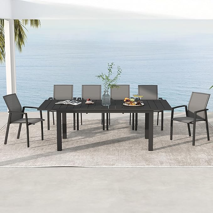 11 Piece Aluminum Outdoor Patio Dining Sets with Fully Assembled Dining Chair，91.3"L×39.4"W Expandable Patio Table and Chairs Set for 10, Stackable Chairs with Quick Drying Fabric, Grey