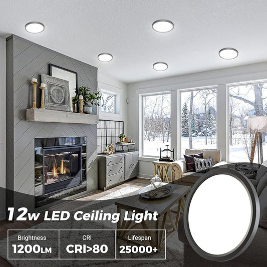 zemty 2Pack LED Ceiling Light Fixture 6.5 Inch, 12W 1200lm Ceiling Mount Light Fixtures, Adjustable 3000K 4000K 6500K, Round Flat Ceiling Lamp for Bathroom Closet Hallway Laundry (Black)