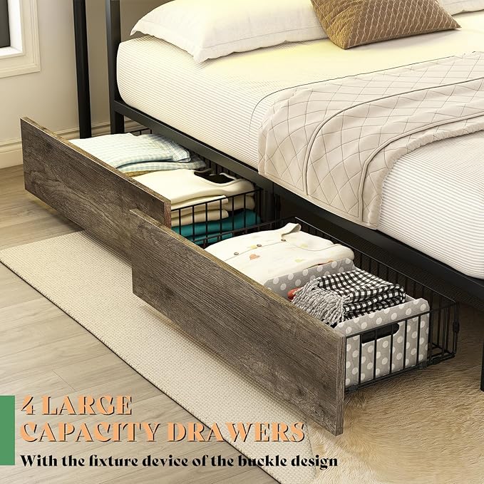 AMERLIFE King Size Bed Frame with Bookcase Headboard and 4 Storage Drawers, Wooden Platform Bed with Charging Station and LED Light, No Box Spring Needed/Noise-Free, Gray