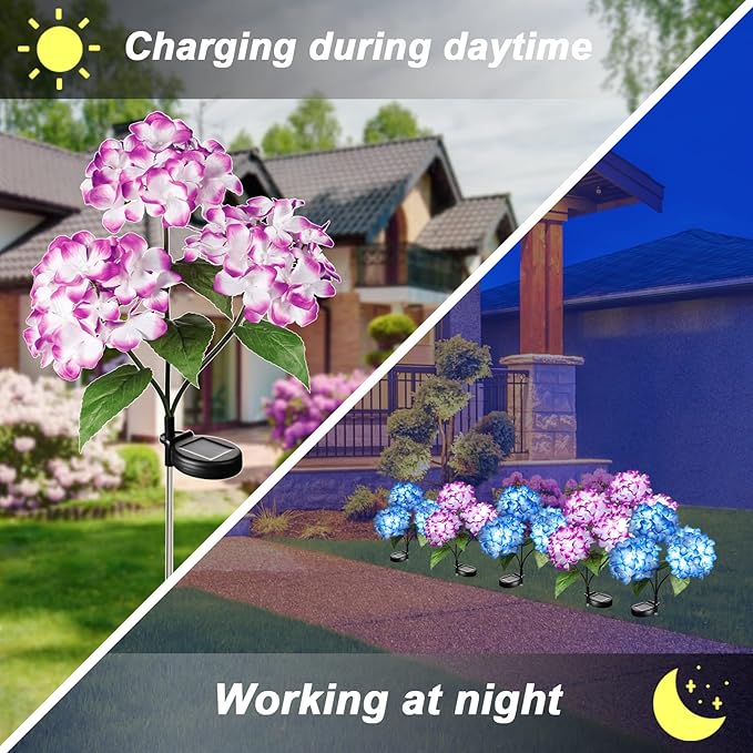 Solar Flowers Lights - Outdoor Waterproof Hydrangea Stake, Solar Flower Decor for Patio, Courtyard, Garden Lawn (Blue & Purple)