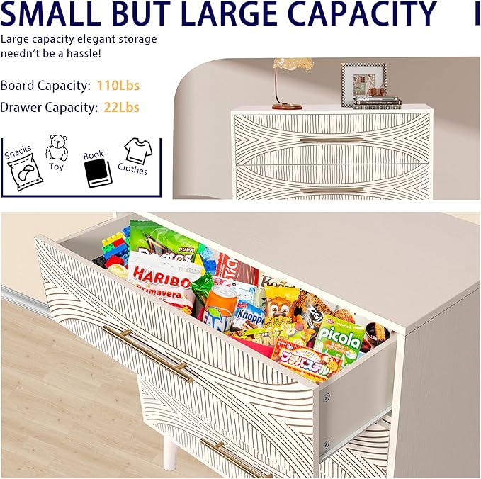 3 Drawer Dresser Set of 2, White Dresser for Bedroom, Chest of Drawers with Metal Handle, Including 2 Drawer Nightstand Set of 2 for Bedroom, Enterway, Texture White, 2 PCS