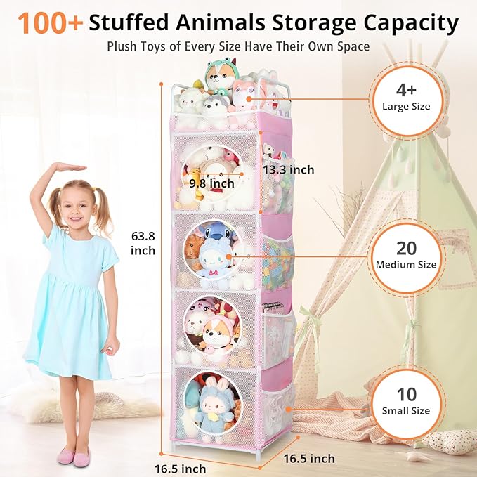 Stuffed Animal Storage, 5 Tier - 8 Side Pockets Toy Storage Organizer, 63.8" Space-Saving Corner Storage for Kids' Bedroom & Playroom, Pink