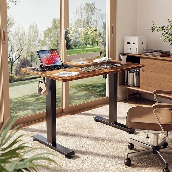 Veken 39.4" Small Electric Standing Desk, Height Adjustable Sit Stand Up, Wood Desktop, Work Home Office Computer PC Desks, Writing Study Bedroom Rising Table, Brown