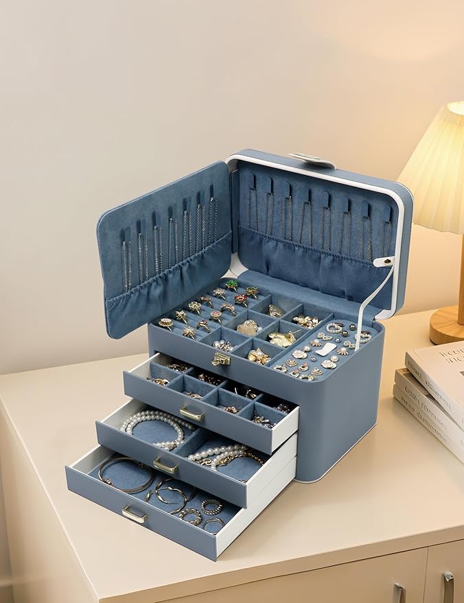 KAMIER Jewelry Boxes for Women, 4 Layer Jewelry Organizer with Mirror, 3 Drawers, Large Jewelry Box for Bracelets, Earrings, Rings, Necklaces, Mothers Day Gifts for Loved One, Bluish Grey