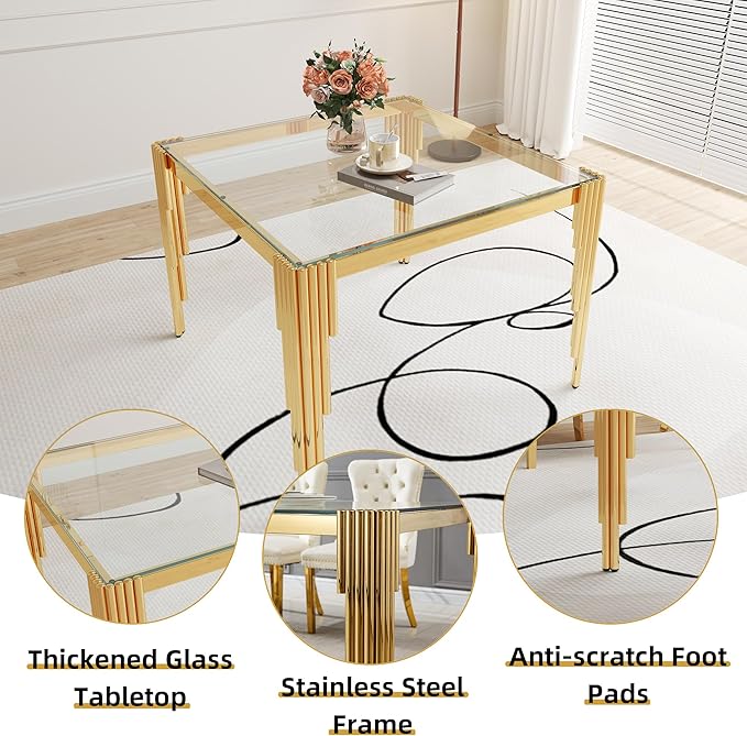 35" Square Glass Dining Table, Modern Tempered Glass Kitchen Table with Stainless Steel Legs for 2-4, Stylish Gold Dinner Table for Home Office, Kitchen, Living Room