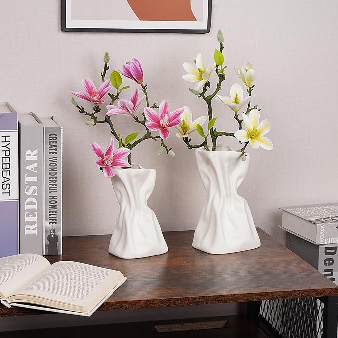 Paper Bag Vase Set of 2, White Ceramic Vases, Flower Vases, Aesthetic Minimalist Boho Vase for Modern Trendy Home Room Table Centerpiece Decor
