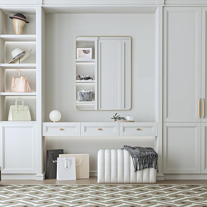 32×32 Glod Bathroom Mirror, Rectangular Bathroom Vanity Mirror for Wall with Rounded Corners & Aluminum Alloy Frame, Tempered-Glass, Modern, Farmhouse, Horizontal/Vertical, Entryway, Bedroom